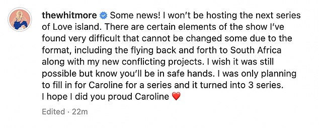 Departure: She took to her Instagram to confirm that she would be leaving the series, saying she had found the return flights from the villa 