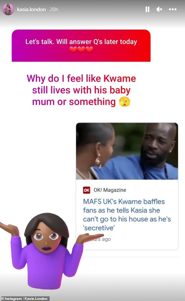 I'm saying nothing: Fans wrote to the business owner in a Q&A on her stories, with one writing: 'Why do I feel like Kwame still lives with his baby mum or something?'
