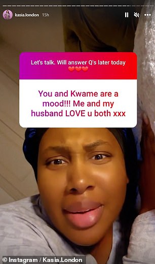 What? When someone wrote 'You and Kwame are a mood!!! Me and my husband LOVE u both xxx', but Kasia was left bemused, adding: 'Are you watching the same show as me?!'