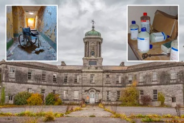 Inside an abandoned asylum with plants crawling up the walls and abandoned equipment