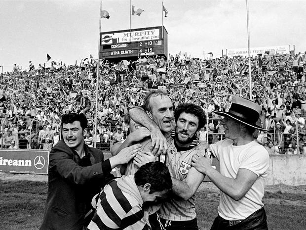 Dublin's Brian Mullins, left, and team mate Ciarán Duff celebrate with supporters during the replay of the 1983 All-Ireland Senior Football Championship semi-final from Dublin and Cork at Páirc Uí Chaoimh.  Photo: Ray McManus/Sportsfile