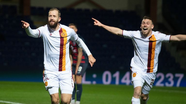 DINGWALL, SCOTLAND - OCTOBER 04: Kevin Van Veen of Motherwell celebrates after making it 3-0 during a cinch Premiership match between Ross County and Motherwell at the Global Energy Stadium on October 04, 2022 in Dingwall, Scotland.  (Photo by Mark Scates/SNS Group)