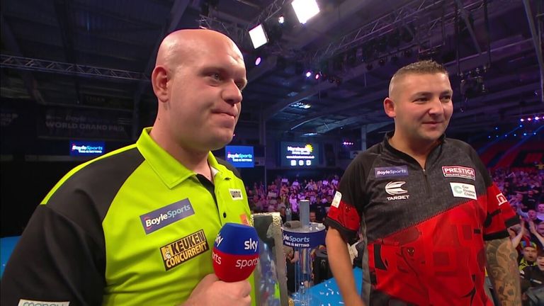 Van Gerwen and Aspinall congratulated each other after the World Grand Prix Final which saw the Dutchman win his sixth title
