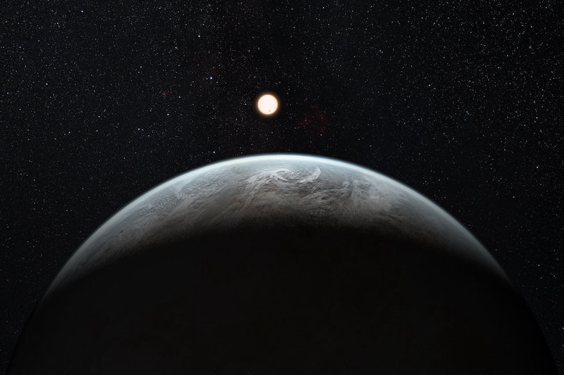 Origin of Earth-like life: Earth-like planet in space with bright sun in distance.