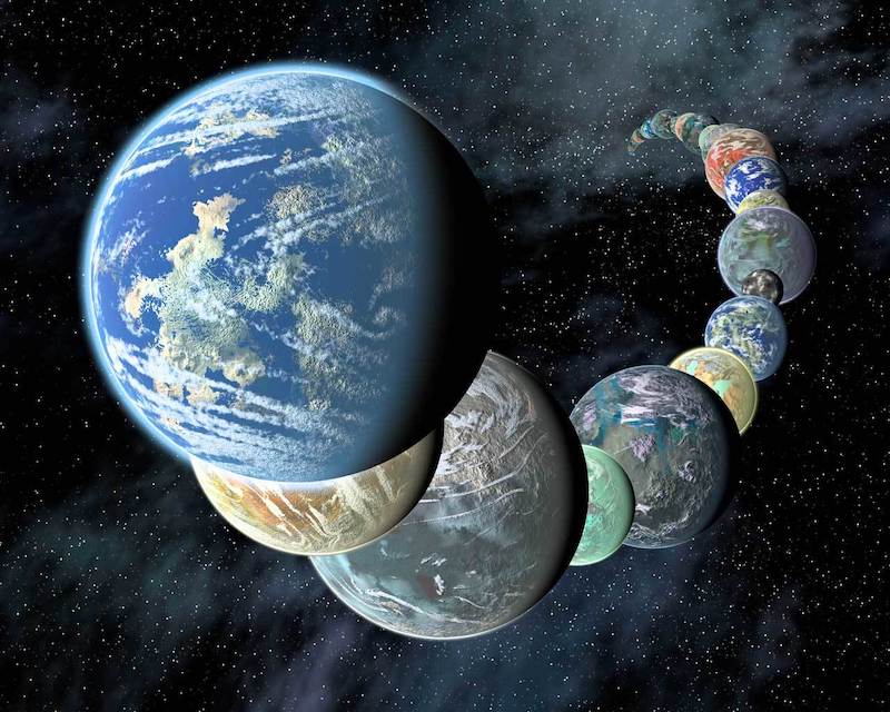 Origin of Earth-like life: curved line of many rocky planets with stars in the background.