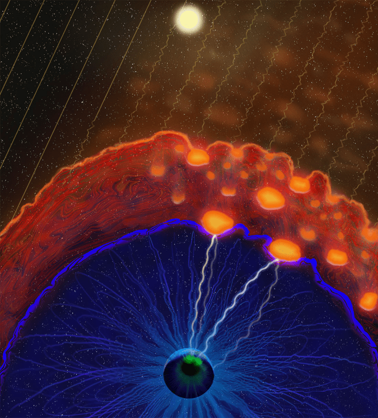 Illustration of features related to the interaction of the solar wind with Earth’s magnetic field.